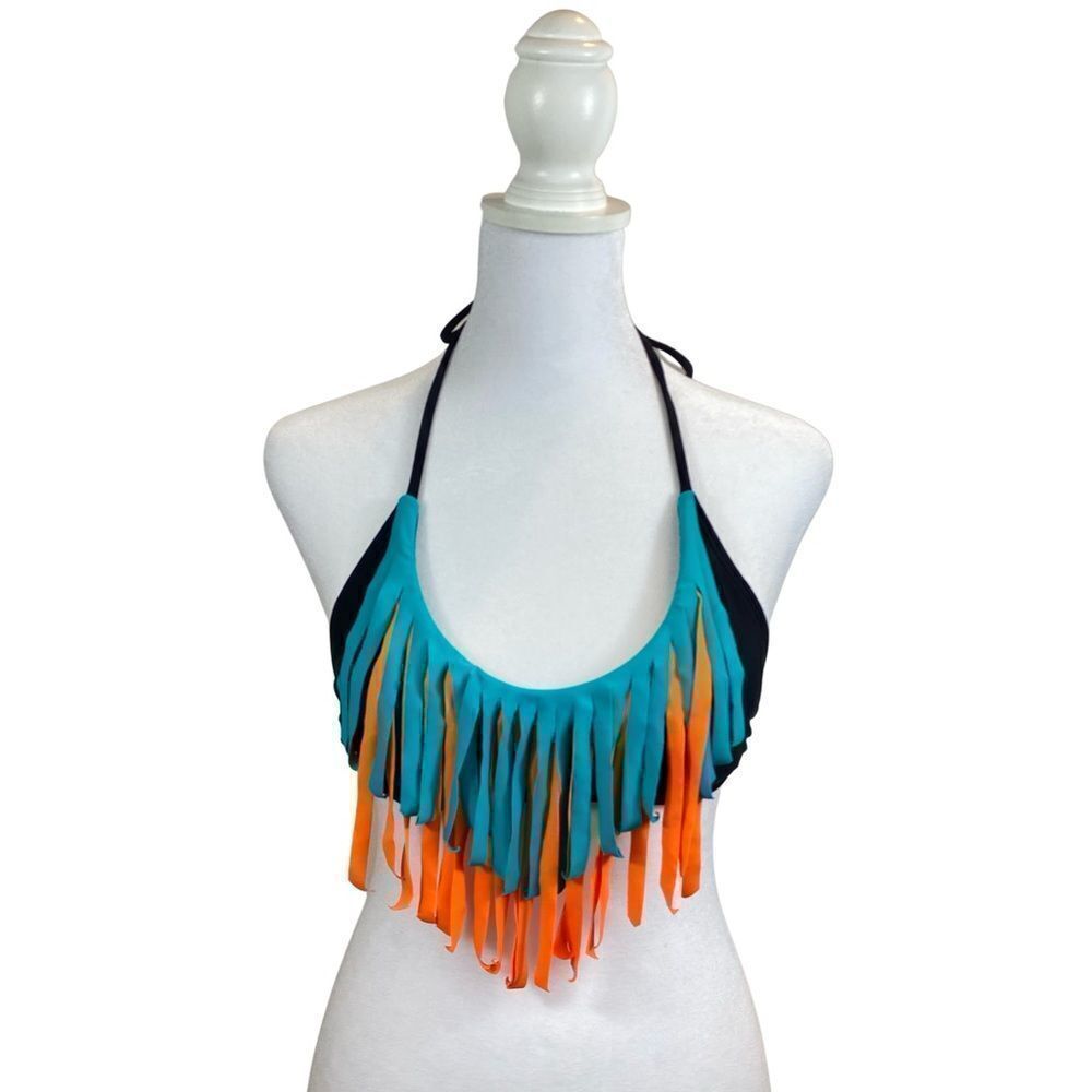 Lira Brand Fringe Triangle Bikini Top Small Black Teal Orange